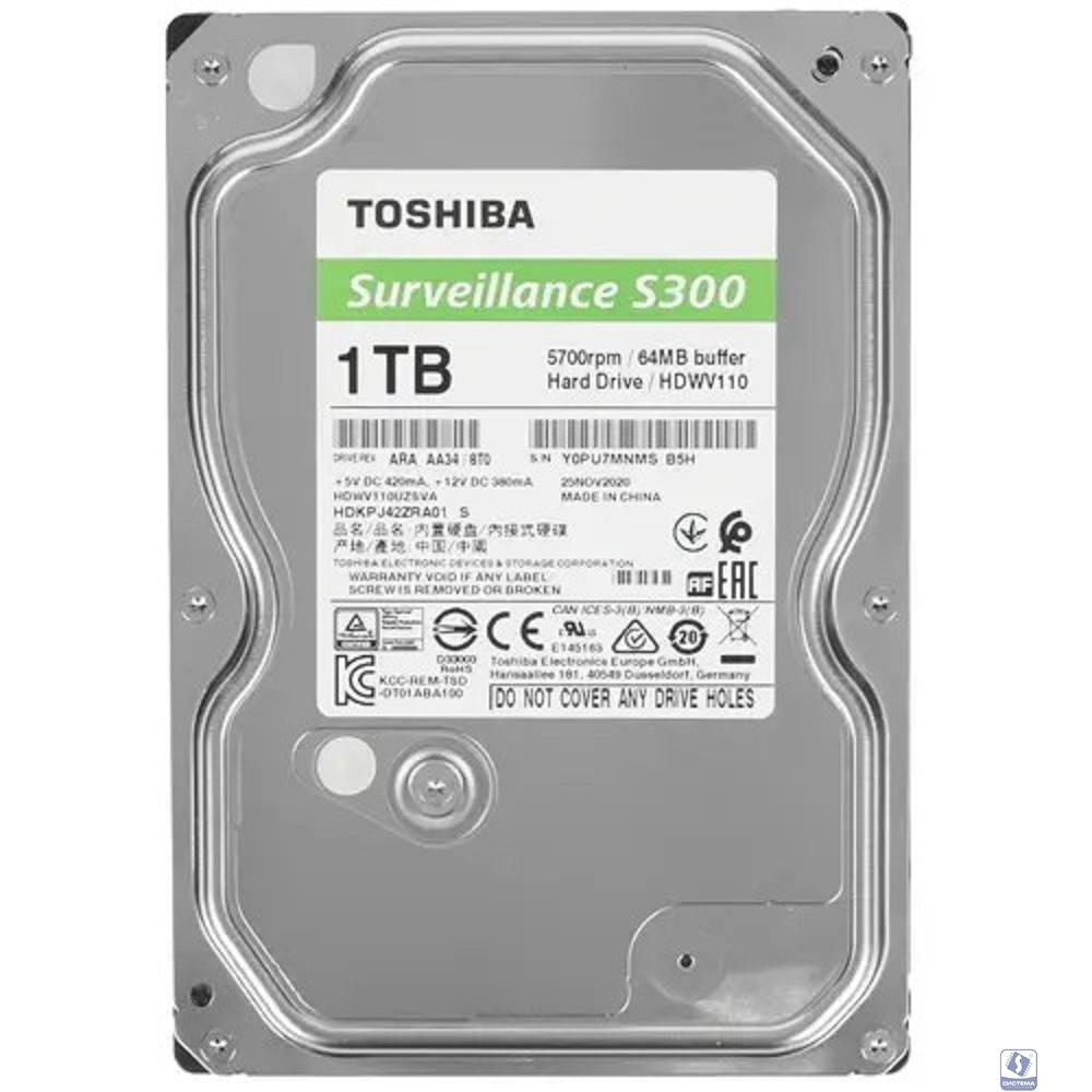 HDD 1Tb TOSHIBA S300 Surveillance 5400rpm 64Mb SATA3 3,5" HDWV110UZSVA"