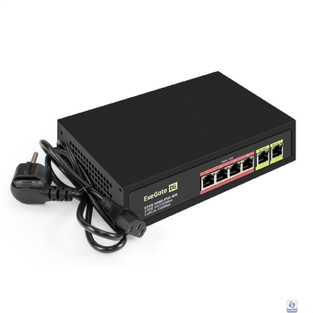Exegate EX299022RUS Коммутатор неуправляемый ExeGate EDGS-1006D.4PoE-65W (6-портовый гигабитный UTP 10/100/1000 Base-T: 4 порта IEEE 802.3af (PoE), мощность PoE: 15,4W, суммарно 65W, 2 порта RJ45 upli