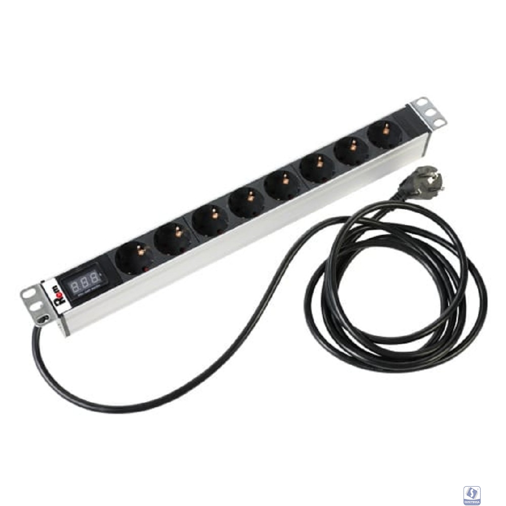 REM Блок розеток Rem-16 с амперметром, 8 Shuko, 16A, алюм., 19", шнур 3 м. (R-16-8S-AM-440-3)