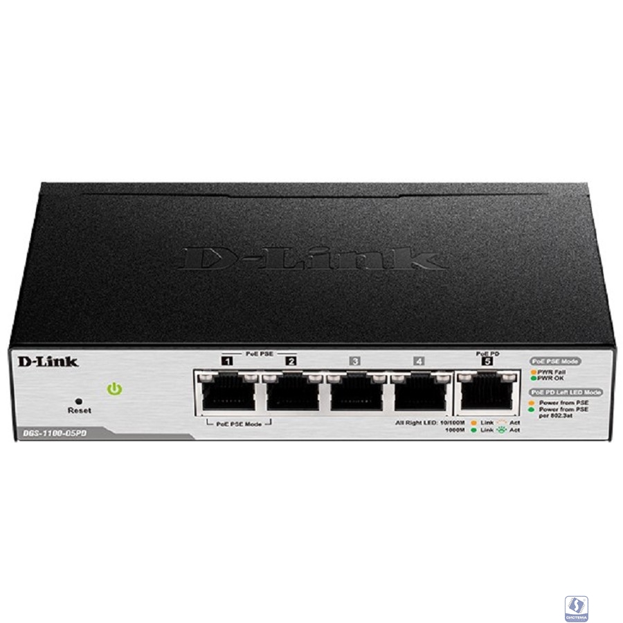 D-Link DGS-1100-05PDV2/A1A Настраиваемый L2 коммутатор с 5 портами 10/100/1000Base-T (2 порта PoE, 1 порт для питания коммутатора по PoE). (Питание осуществляется только по PoE.)