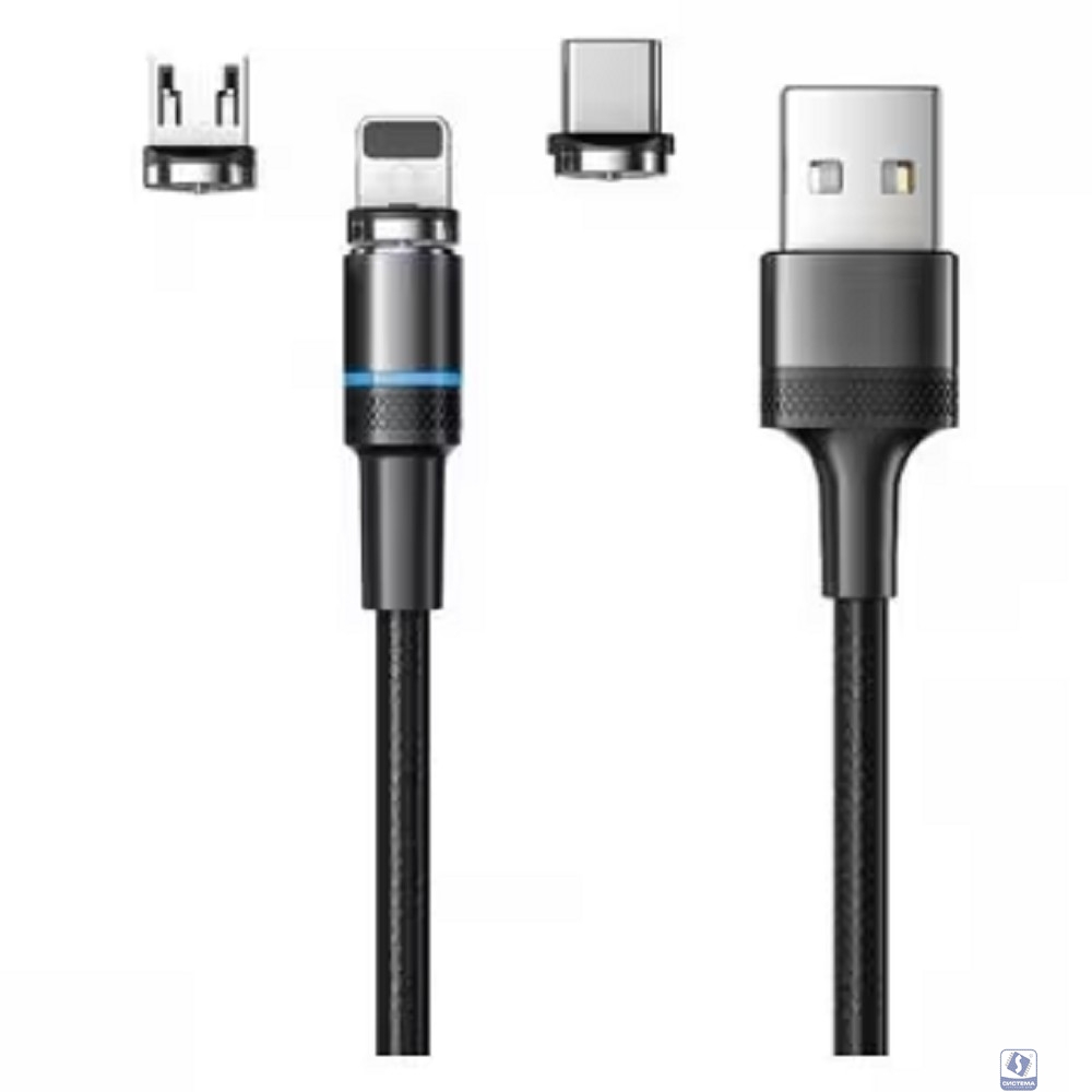 Rexant (18-7076) Кабель USB 3в1 Type-С (2A), Lightning (2,4A), Micro USB (2A), 1,2м, в черной оплетке, с LED подсветкой