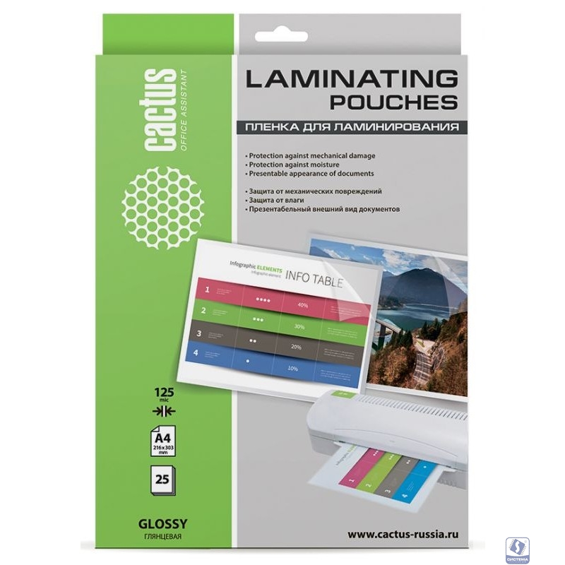Cactus Пленка для ламинирования 125мкм A4 (25шт) глянцевая 216 x 303мм [1059666] [CS-LPGA412525]