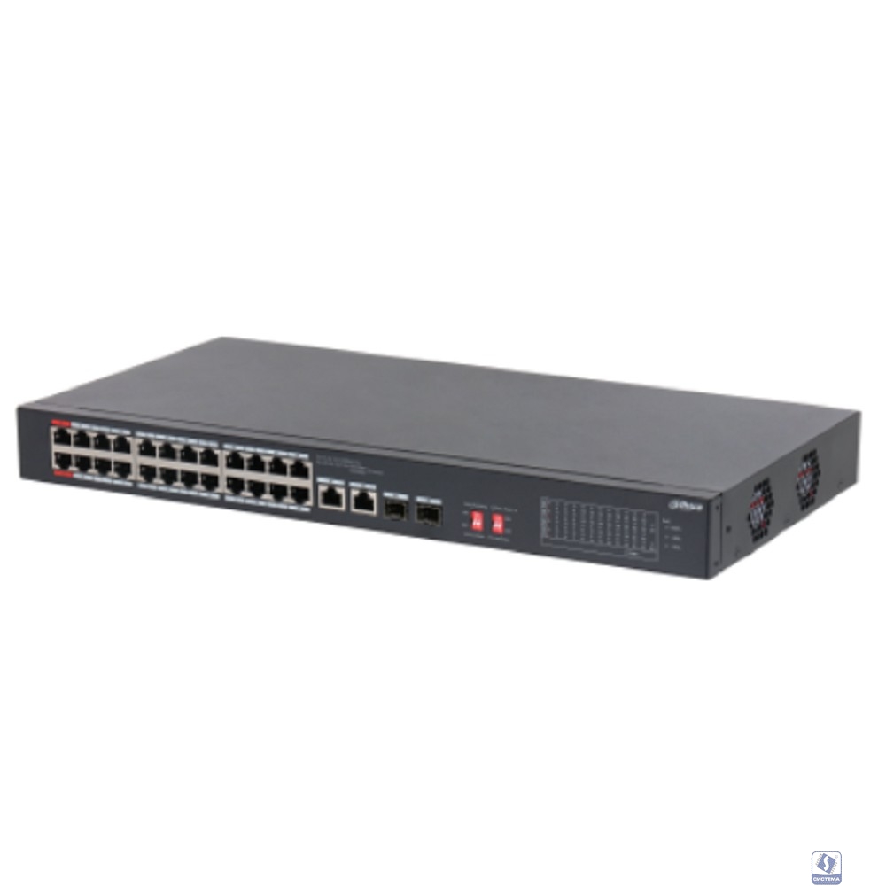 DAHUA DH-S3226-24ET-375 24-портовый неуправляемый коммутатор с РоЕ 24 RJ45 10/100Мбит/с (PoE/PoE+/Hi-PoE), 2  SFP/RJ45 10/100/1000Мбит/с (uplink); до 370Вт