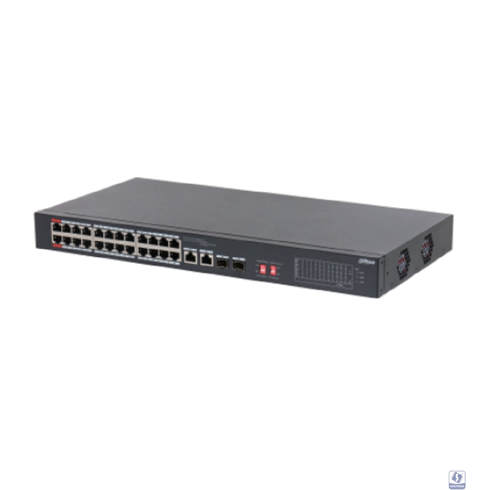 DAHUA DH-S3226-24ET-240 24-портовый неуправляемый коммутатор с РоЕ, 24xRJ45 100Mb PoE, 2хКомбо SFP/RJ45 1Gb uplink, суммарно 240Вт, коммутация 8.8 Гбит/с, MAC-таблица 8К