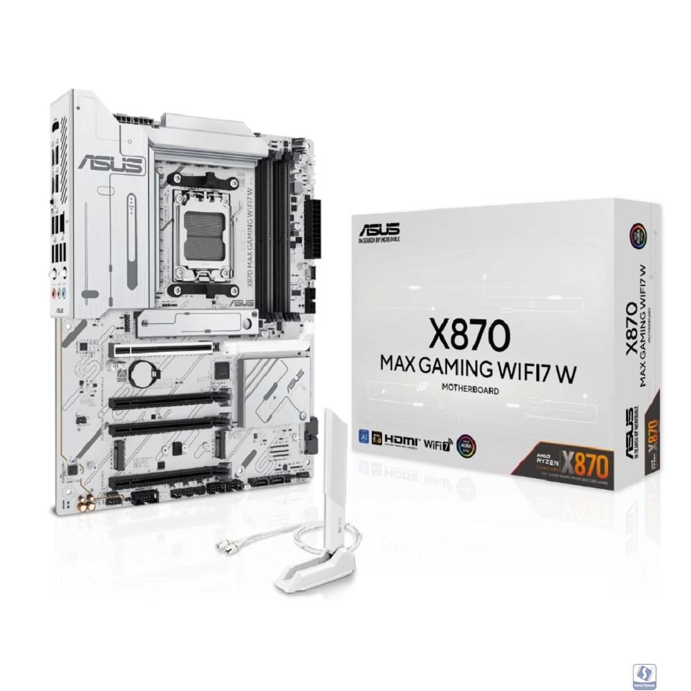 ASUS X870 MAX GAMING WIFI7 W(SocketAM5, ATX, 4xDDR5(256GB), HDMI, 1xPCIe5.0x16/2xPCIe4.0x16/1xPCIe3.0x16, 1xLAN (2.5GbE), Wi-Fi 7, BT, 4xSATA 6Gb/s, 3xM.2, 2xUSB4 Type-C, 4xUSB 3.2, 4xUSB 2.0) white