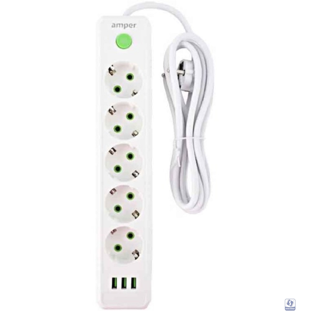 Amper сетевой удлинитель, 4,0м, 5 розеток, 10А, 2500 Вт, 3usb, белый. [JH-1033U-4W]