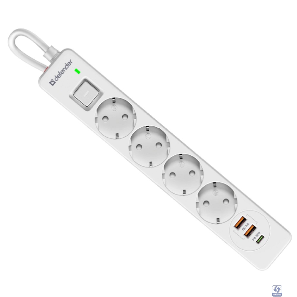 Defender Удлинитель с сетевым фильтром DFS 143 3 м,белый,4розетки,USB+TypeC [99434]