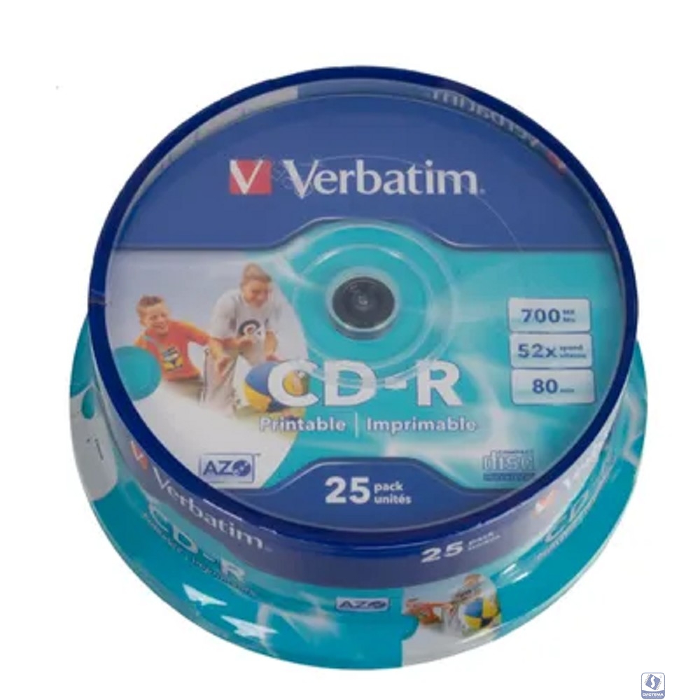 Verbatim  Диски CD-R 25 шт.   Printable InkJet, 52-x 700Mb, Cake Box (43439)
