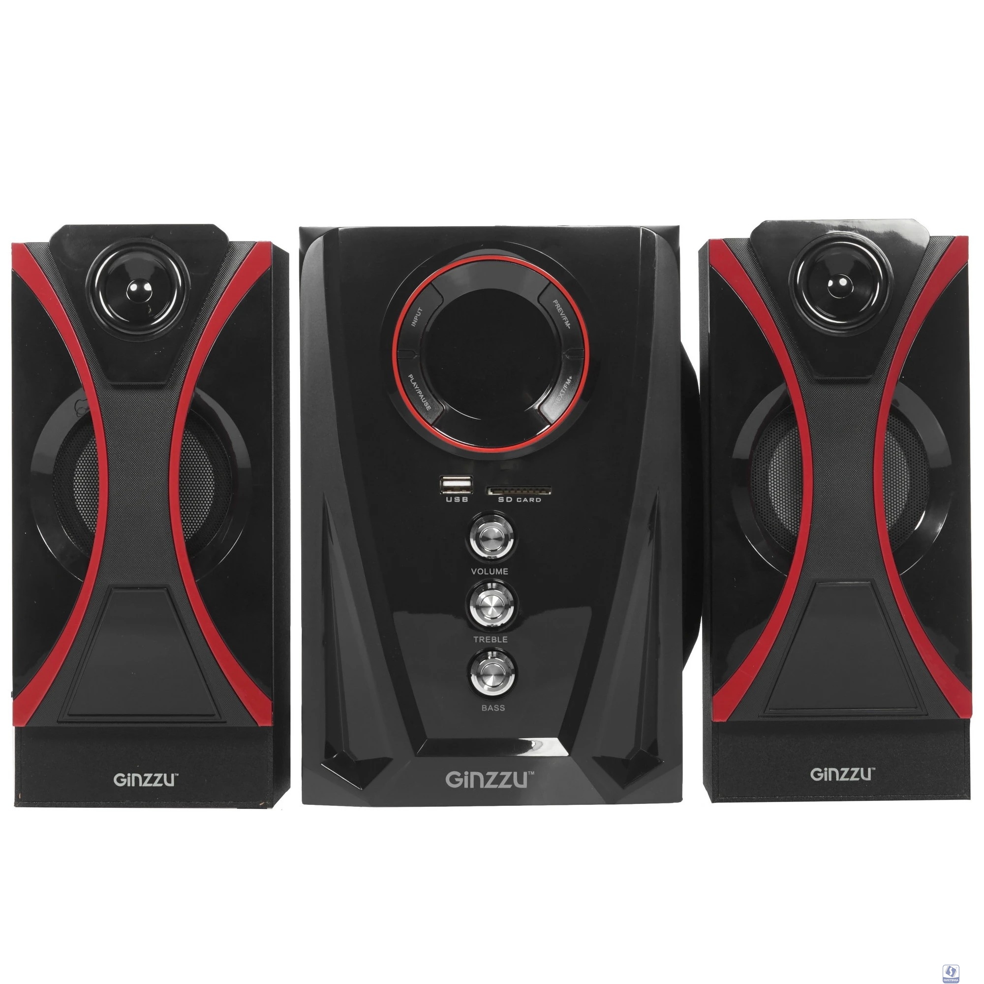 Ginzzu GM-407 2.1 с Bluetooth, выходная мощность 20Вт + 2х10Вт, аудиоплеер USB-flash, SD-card, FM-радио, пульт ДУ - 21 кнопка, стерео вход (2RCA), эквалайзер (обыч