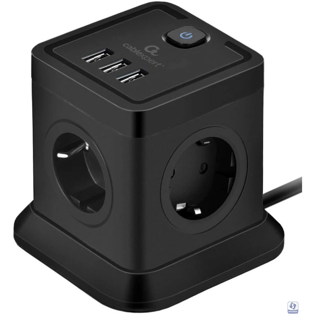 Cablexpert Сетевой фильтр Tower TWR-4-U3-B-3 (4р, 10А, 3xUSB, 3.1А, 3м, ур.защиты 2+) черный, коробка 