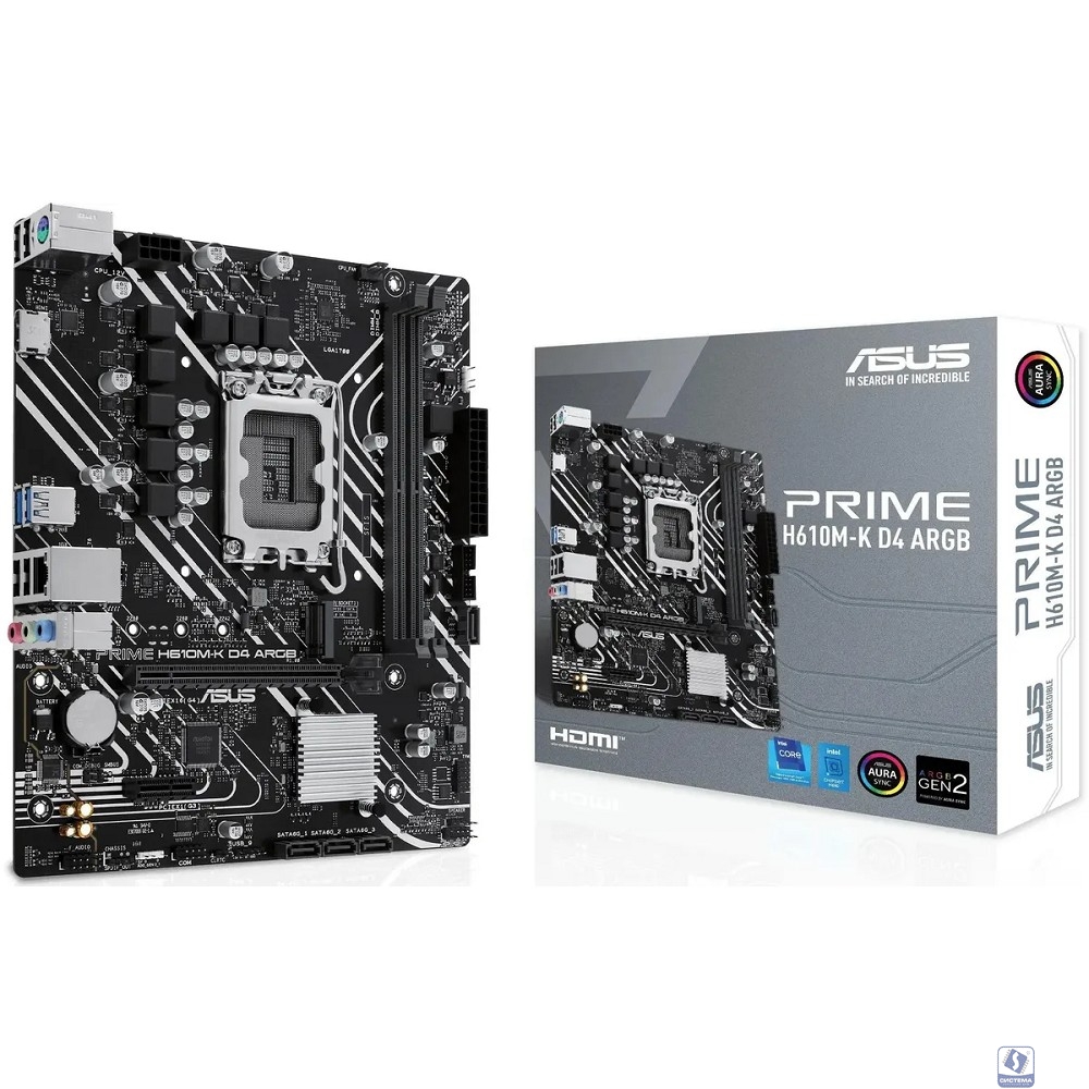 ASUS PRIME H610M-K D4 ARGB (Socket 1700, mATX, 2xDDR4(64GB), HDMI 2.1, 1xPCIe 4.0x16/1xPCIe 3.0/1xLAN, 4xSATA 6Gb/s, 1xM.2, 2xUSB 3.2, 4xUSB 2.0, 1xPS/2)
