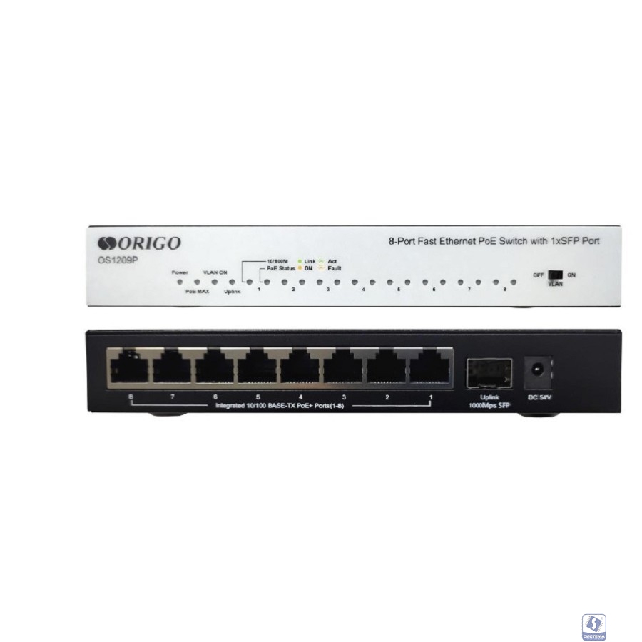 ORIGO OS1209P/A1A Неуправляемый PoE-коммутатор 8x100Base-TX PoE+, 1x1000Base-X SFP, PoE-бюджет 80 Вт, корпус металл