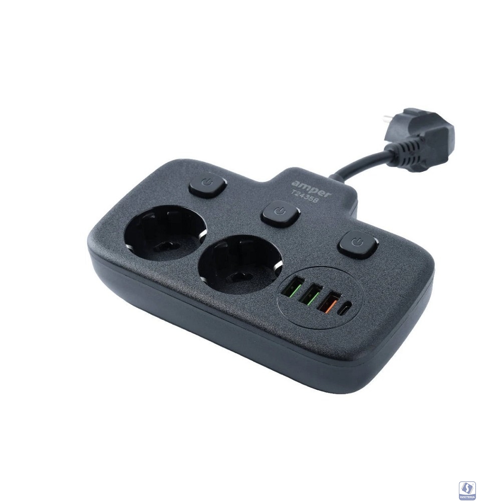 Amper сетевой удлинитель, 0,2м, 2 розетки, 3*0,75мм, 10А, 2500 Вт, 3usb, 1Type-C, 3кн, черный. [T2435B]