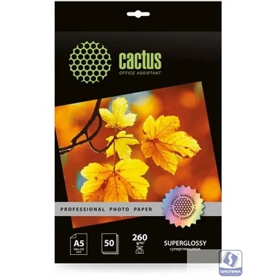 Фотобумага Cactus Prof, A5, для струйной печати, 50л, 260г/м2, белый, покрытие глянцевое [cs-hga526050]