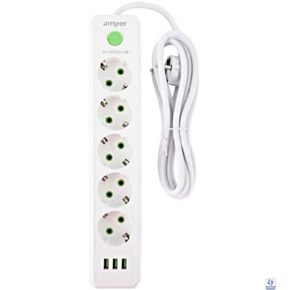 Amper сетевой удлинитель, 2,0м, 5 розеток, 10А, 2500 Вт, 3usb, белый. [JH-1033U-2W]