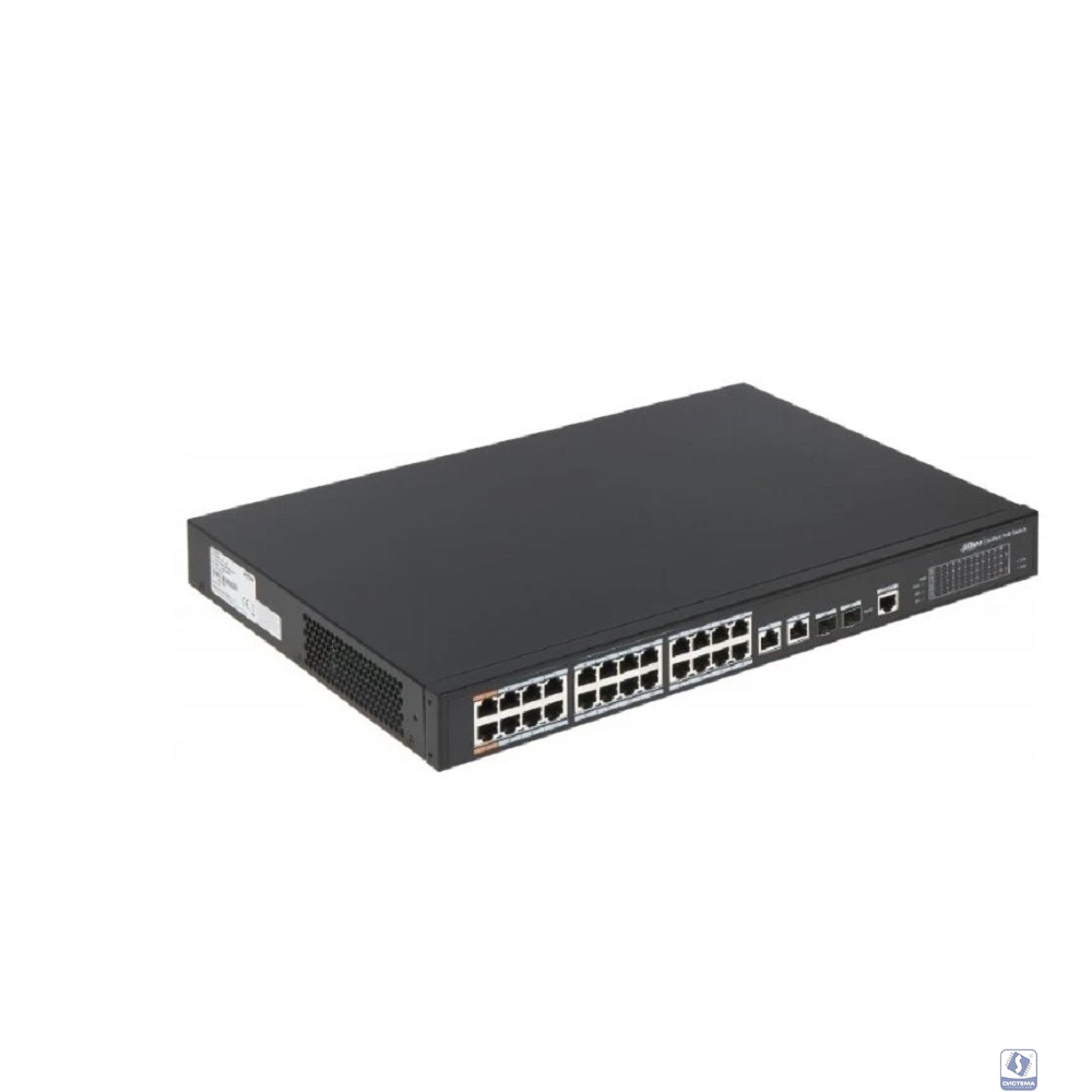 DAHUA DH-PFS4226-24ET-360 26-портовый управляемый коммутатор с РоЕ, уровень L2, 24xRJ45 100Mb PoE, 2хКомбо SFP/RJ45 1Gb uplink, суммарно 360Вт, коммутация 8.8 Гбит/с, MAC-таблица 4К