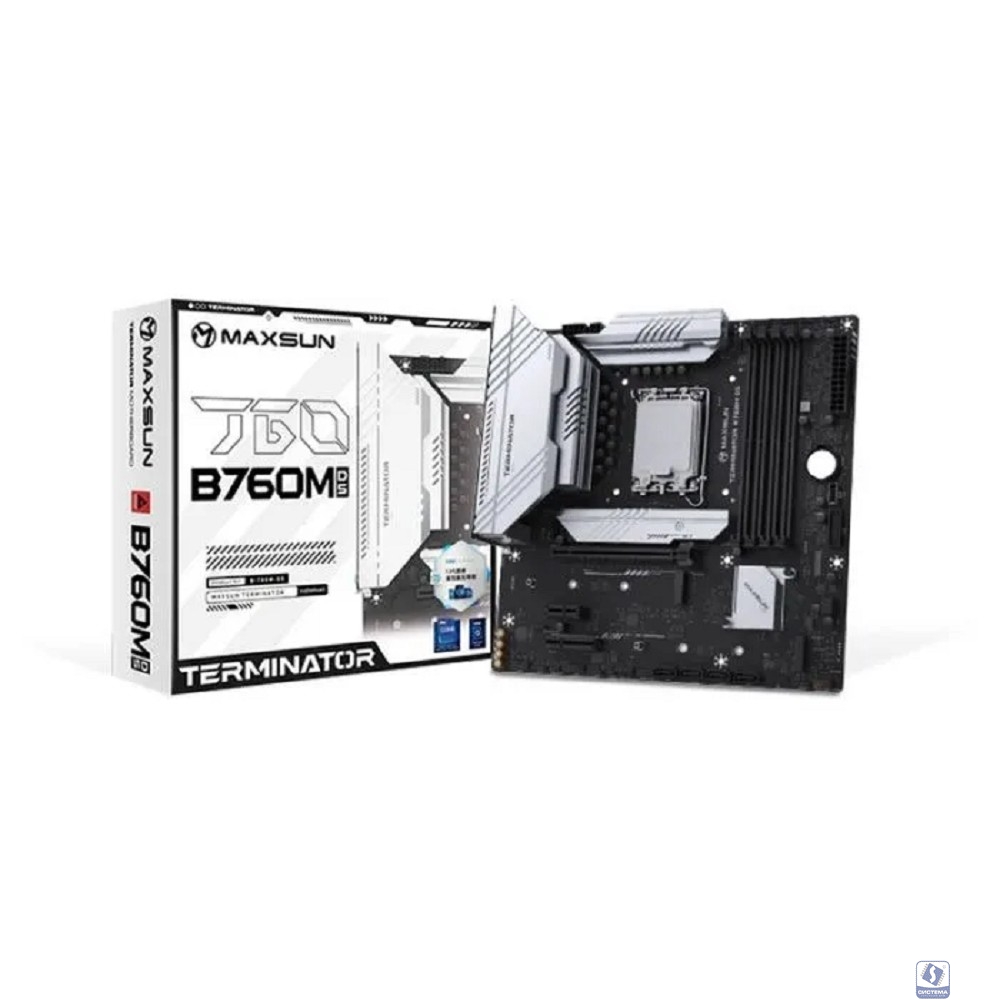 MAXSUN MS-Terminator B760M D5 WiFi V1/V2 (Socket 1700, mATX, 4*DDR5, DP/HDMI, 4xSATA3, 3*M.2,xPCI-E x16 /1xPCI-E x1, 6*USB 2.0, 2*USB 3.2 Gen1, LAN 1*2.5G, Bluetooth, Wi-Fi 802.11ax, RTL)