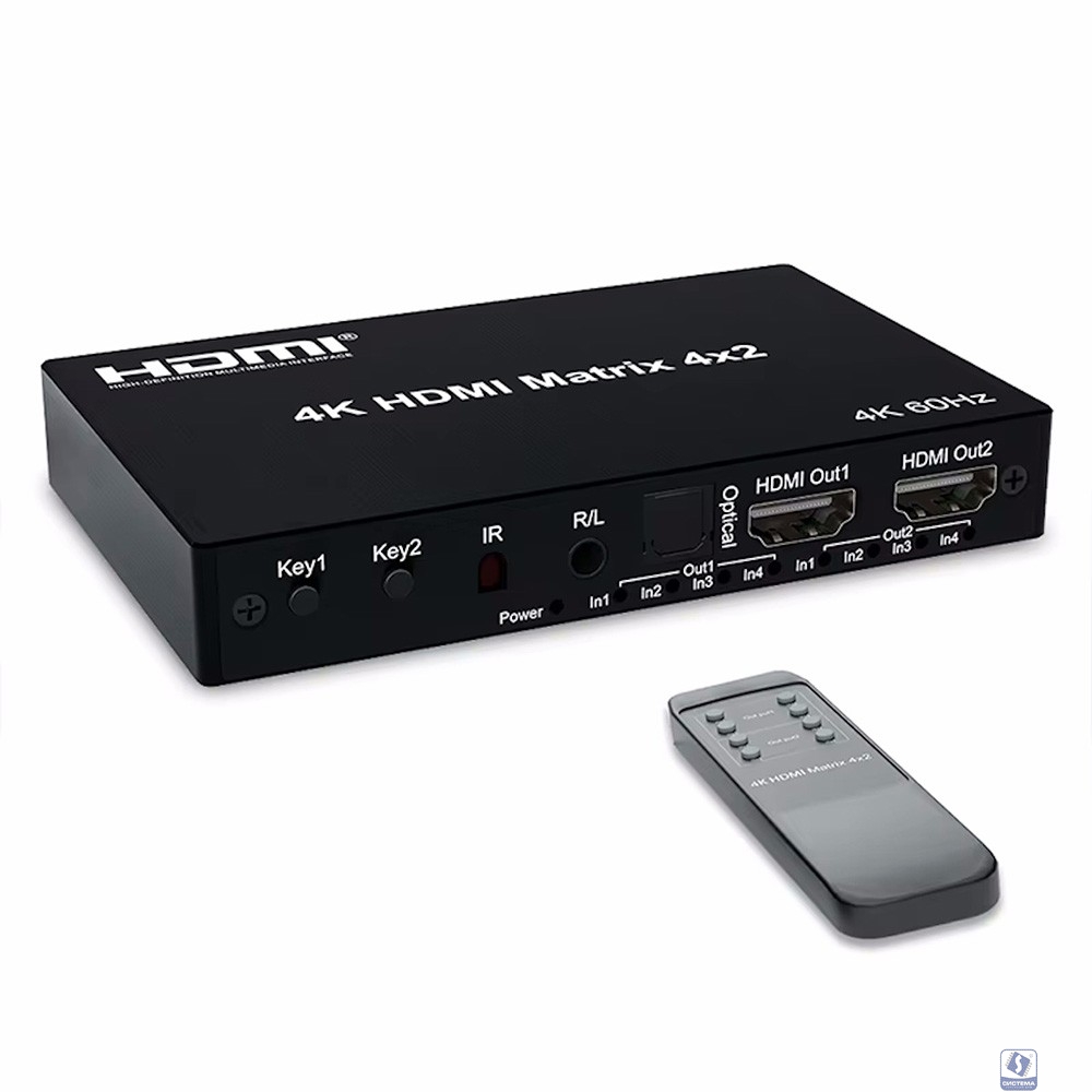 ORIENT HS0402H-2.0, HDMI матричный переключатель 4->2 с аудиовыходами, UHD 4K/60Гц (3840x2160), HDR, HDMI 2.0, HDCP 2.2, EDID управление, аудиовыходы: аналоговый jack 3.5 mm/ цифровой SPDIF, (33329)