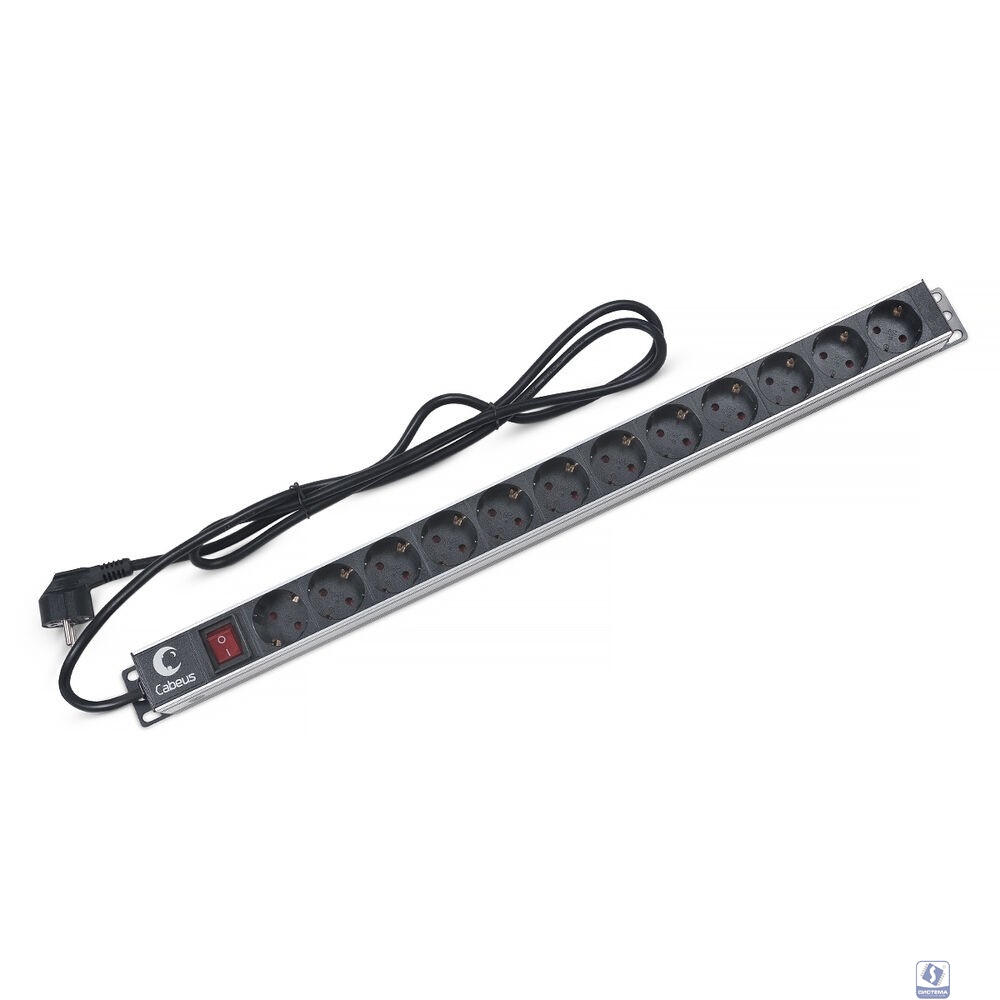 Cabeus PDU-12P-2EU Блок евророзеток для 19" шкафов, 12 розеток, 16 A, выключатель, шнур 2м, алюминиевый корпус, немецкий стандарт