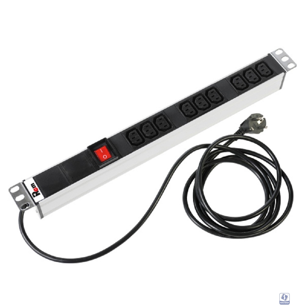 REM Блок розеток Rem-16 с выкл., 9 IEC 60320 C13, 16A, алюм., 19", шнур 3 м. (R-16-9C13-V-440-3)
