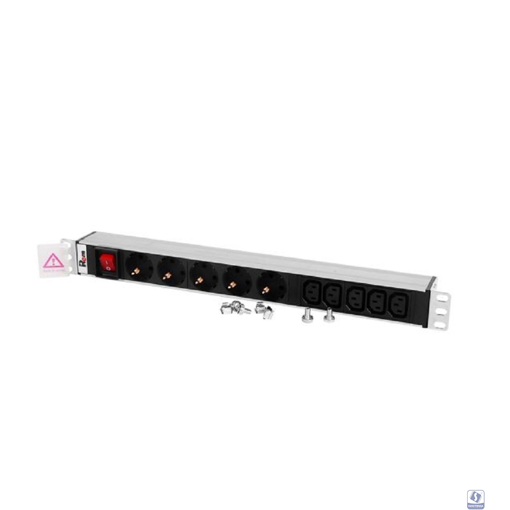 REM Блок розеток Rem-10 без шнура с выкл., 5 Schuko, 5 IEC 60320 C13, вход IEC 60320 C14, 10A, алюм., 19" (R-10-5S-5C13-V-440-Z)