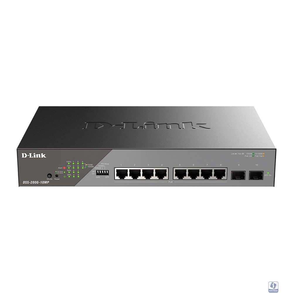 D-Link DSS-200G-10MP/A1A Настраиваемый L2 коммутатор с 8 портами 10/100/1000Base-T и 2 портами 1000Base-X SFP (8 портов PoE 802.3af/at, PoE-бюджет 130 Вт, дальность до 250 м)  