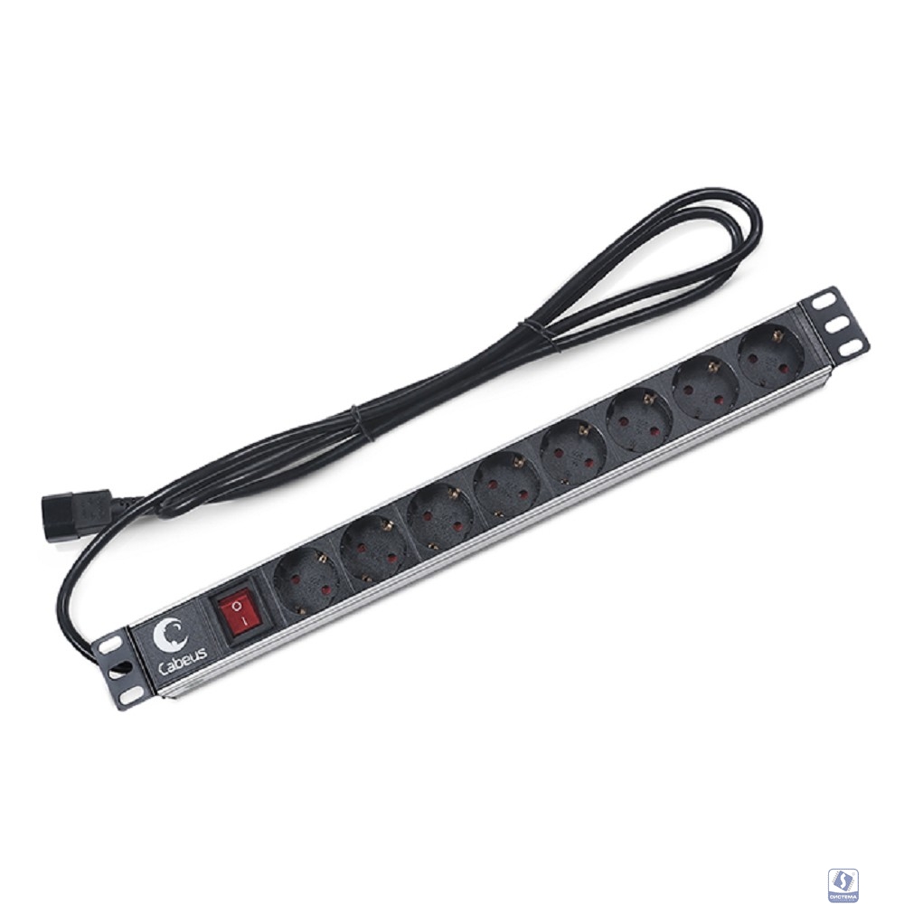 Cabeus  PDU-8P-2IEC  Блок евророзеток для 19" шкафов, горизонтальный, 8 розеток, 10 A, выключатель, алюминиевый корпус, шнур 2 м, вилка IEC 320 C14