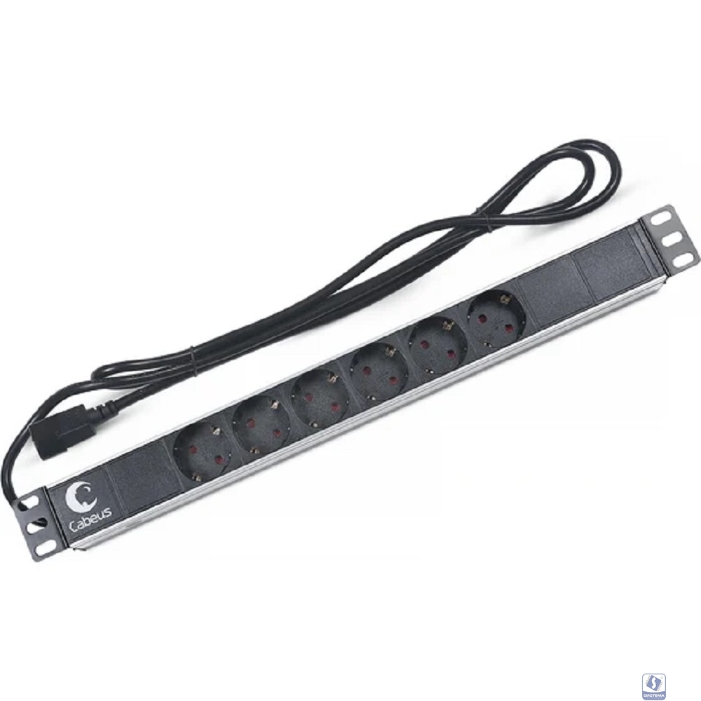 Cabeus PDU-6P-2IEC Блок евророзеток для 19" шкафов, горизонтальный, 6 розеток, 10 A, без выключателя, алюминиевый корпус, шнур 2 м, вилка IEC 320 C14