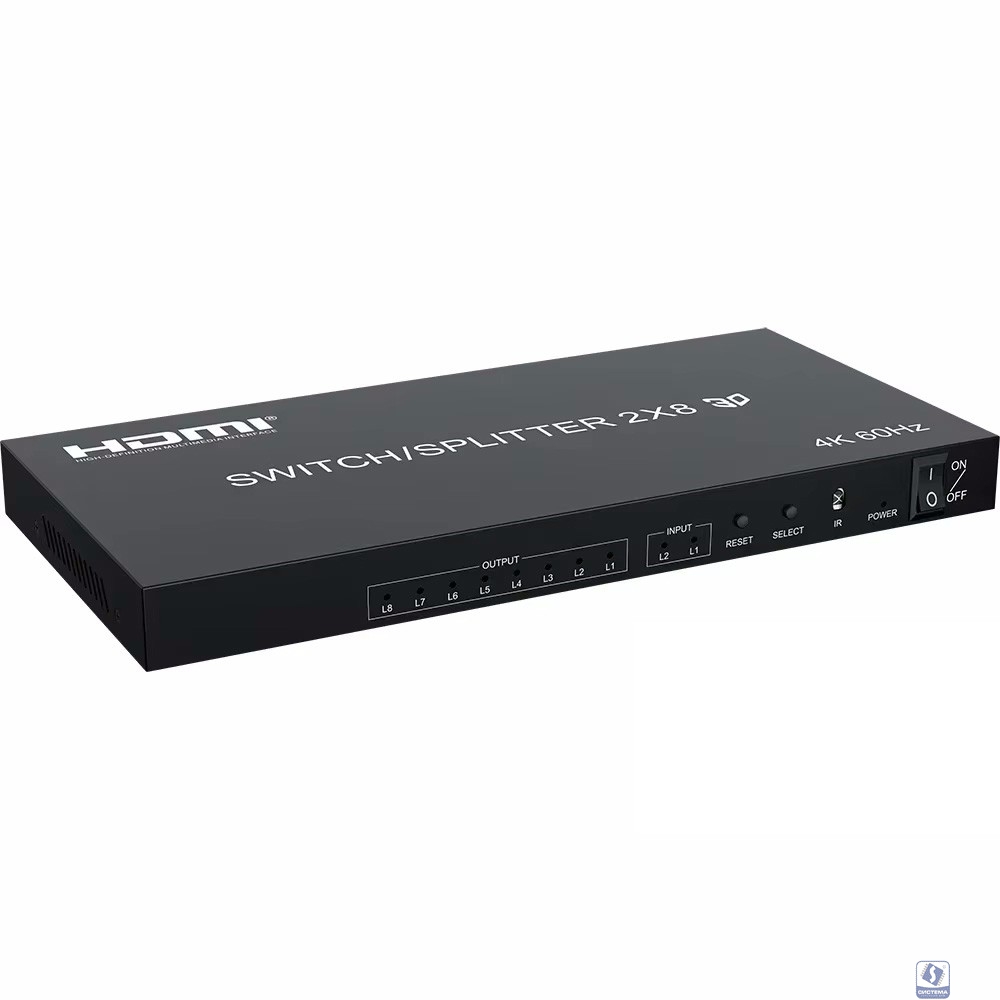 ORIENT HSP0208H-2.0, HDMI переключатель/разветвитель 2->8, UHD 4K/60Гц (3840x2160), HDR, HDMI 2.0, HDCP 2.2, пульт ДУ, внешний БП 5В/2A, метал.корпус (33321)