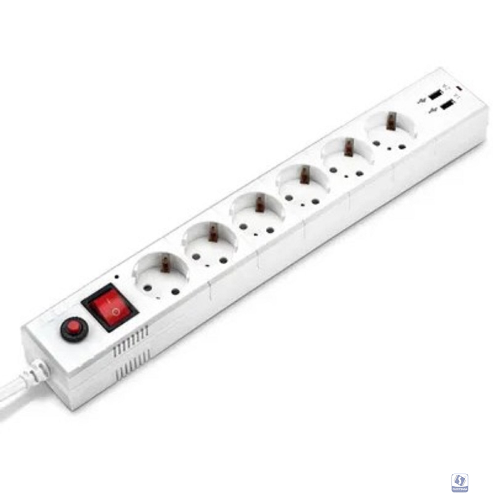 BURO Сетевой фильтр, 6 розеток, 1.8 метра, (BU-SP1.8_USB_2A-W), белый (коробка) 