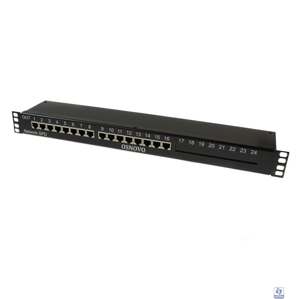 SP-IP16/1000PR 1U устройство грозозащиты для локальной вычислительной сети на 16 портов (скорость до 1000 Мб/с) с защитой линий PoE (af/at, методы A + B, контакты 1/2, 3/6, 4/5, 7/8).