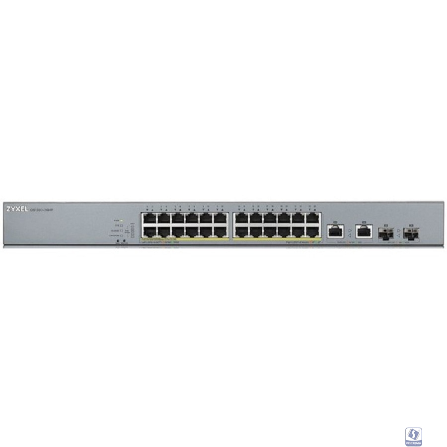 ZYXEL GS1350-26HP-EU0101F L2 коммутатор PoE+ для IP-видеокамер 24xGE PoE+, 2xCombo (SFP/RJ-45), бюджет PoE 375 Вт, дальность передачи питания до 250 м, автоперезагрузка PoE-портов