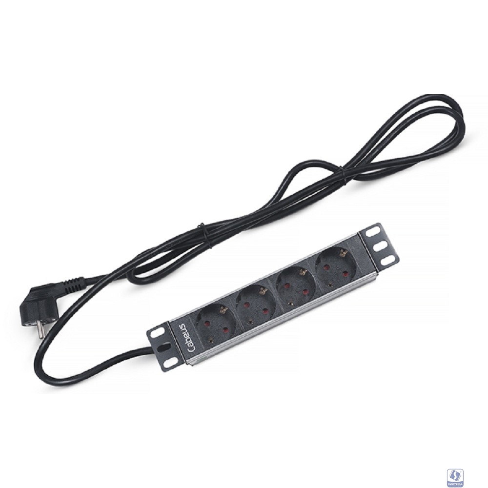 Cabeus PDU-4P-2EU Блок евророзеток для 10" шкафов, горизонтальный, 4 розетки, 16 A, без выключателя, алюминиевый корпус, шнур 2 м, вилка немецкий стандарт