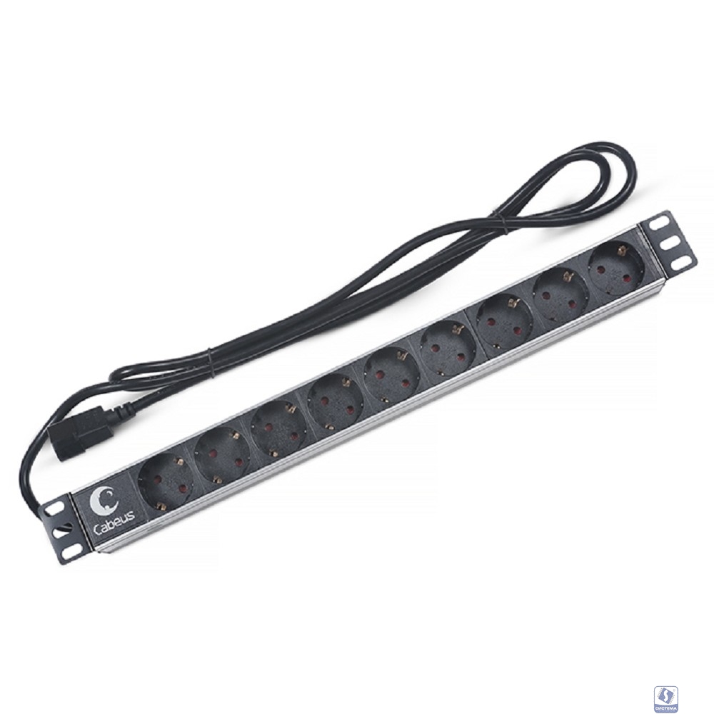 Cabeus PDU-9P-2IEC Блок евророзеток для 19" шкафов, горизонтальный, 9 розеток, 10 A, без выключателя, алюминиевый корпус, шнур 2 м, вилка IEC 320 C14