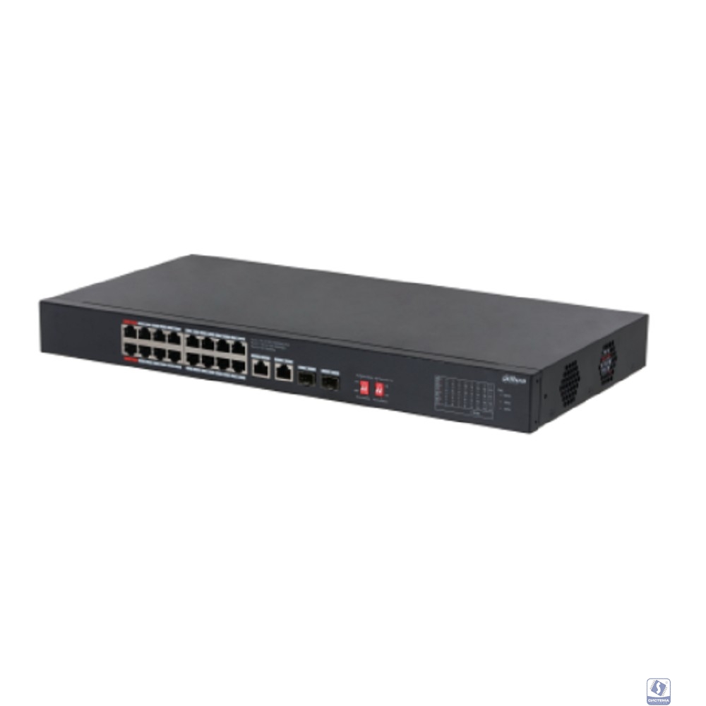 DAHUA DH-S3220-16GT-240 16-портовый гигабитный коммутатор с PoE, уровень L2, 16xRJ45 1Gb, 2xRJ45 1Gb uplink, 2xSFP 1Gb uplink, суммарно 240Вт, коммутация 40 Гбит/с, MAC-таблица 8К