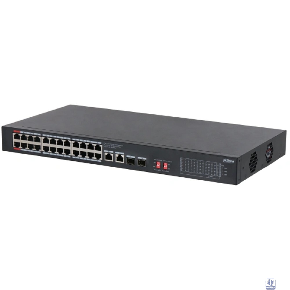DAHUA DH-S3228-24GT-240 24-портовый неуправляемый гигабитный коммутатор с PoE, уровень L2 : 24 RJ45 10/100/1000Мбит/с (PoE/PoE+/Hi-PoE), 2 RJ45 10/100/1000Мбит/с (uplink), 2 SFP 1000Мбит/с (uplink)