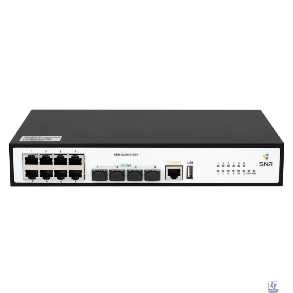 SNR SNR-S2989G-8TX Управляемый коммутатор уровня 2+, 8 портов 10/100/1000Base-T, 4 порта 1/10G SFP+, VSF HA, встроенный БП ~220V AC