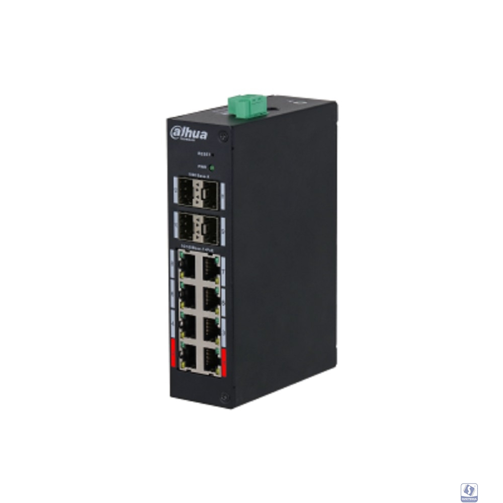 Dahua DH-HS4412-8ET-96 12-портовый управляемый коммутатор с PoE, промышленное исполнение  8 RJ45 10/100Мбит/с, 4 SFP 1000Мбит/с (uplink); до 96Вт;на DIN-рейку