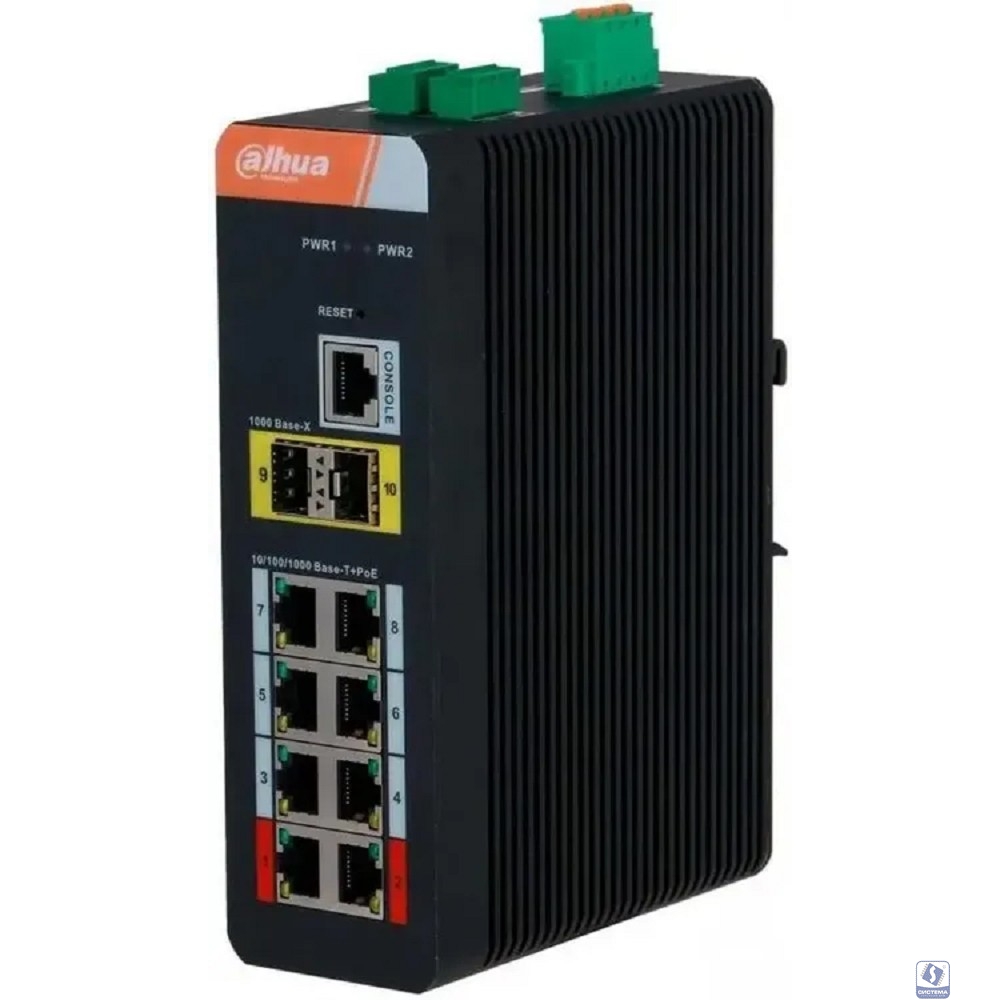 DAHUA DH-IS4210-8GT-120 10-портовый гигабитный управляемый коммутатор с PoE, промышленное исполнение, 8xRJ45 1Gb PoE, 2xSFP 1Gb uplink, суммарно 120Вт, коммутация 20 Гбит/с, MAC-таблица 8К