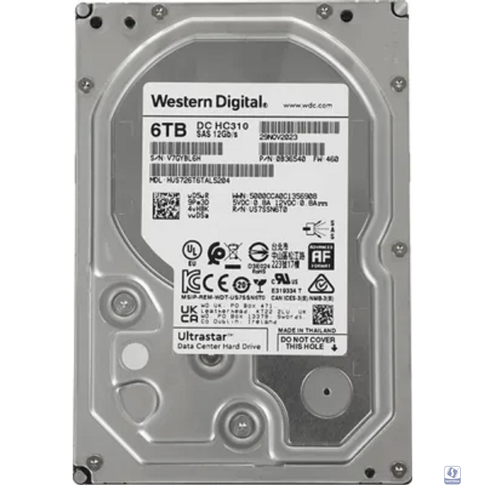 6Tb Western Digital Ultrastar DC HDD Server 7K6 (3.5’’, 6TB, 256MB, 7200 RPM, SAS 12Gb/s, 512E SE), HUS726T6TAL5204