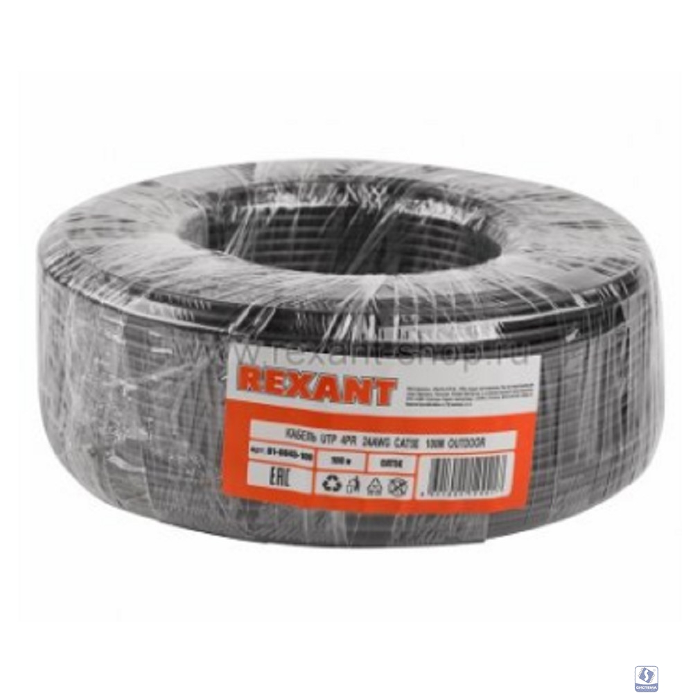 Rexant (01-0045-100) Кабель U/UTP, CAT 5e, PE 4х2х0,50мм, 24AWG, внешний, черный, 100м