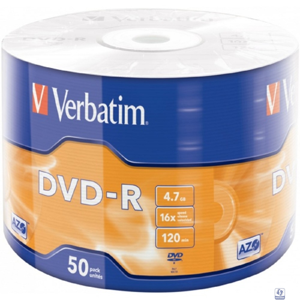 Verbatim  Диски DVD-R Verbatim 16-x 4.7Gb (50 шт)/Shrink/50 Azo (43788)  