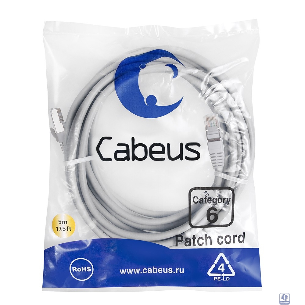 Cabeus PC-FTP-RJ45-Cat.6-5m-LSZH Патч-корд F/UTP, категория 6, 2xRJ45/8p8c, экранированный, серый, LSZH, 5м