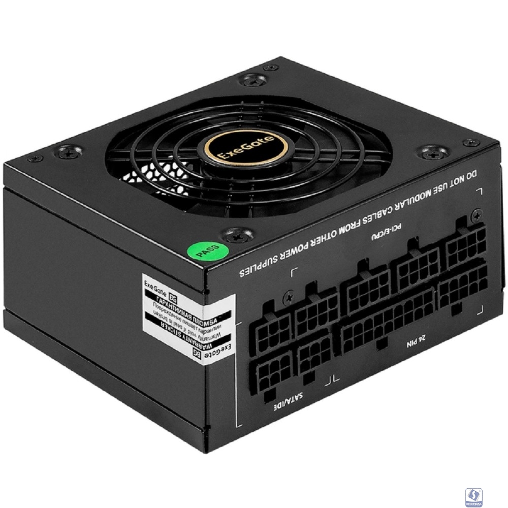 Exegate EX297193RUS Блок питания 650W ExeGate M650 GOLD (SFX, APFC, КПД 90% (80 PLUS GOLD), 9cm fan, 24pin, (4+4)pin, 2xPCI-E, 6xSATA, 3xIDE, 1xFDD, Full Cable Management, black, ATX adapter, Retail b