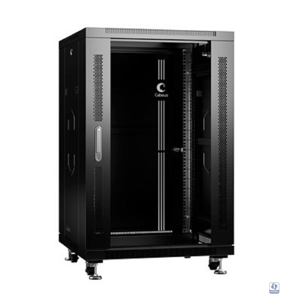 Cabeus SH-05C-18U60/60-BK Шкаф монтажный телекоммуникационный 19" напольный 18U 600x600x988mm (ШхГхВ) передняя стеклянная и задняя сплошная металлическая двери, ручка с замком, цвет черный (RAL 9004)