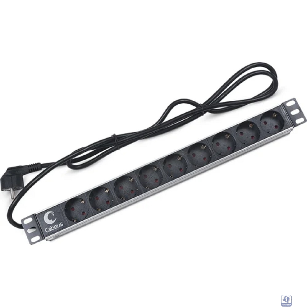 Cabeus PDU-9P-2EU Блок евророзеток для 19" шкафов, горизонтальный, 9 розеток, 16 A, без выключателя, шнур 2м, алюминиевый корпус, немецкий стандарт