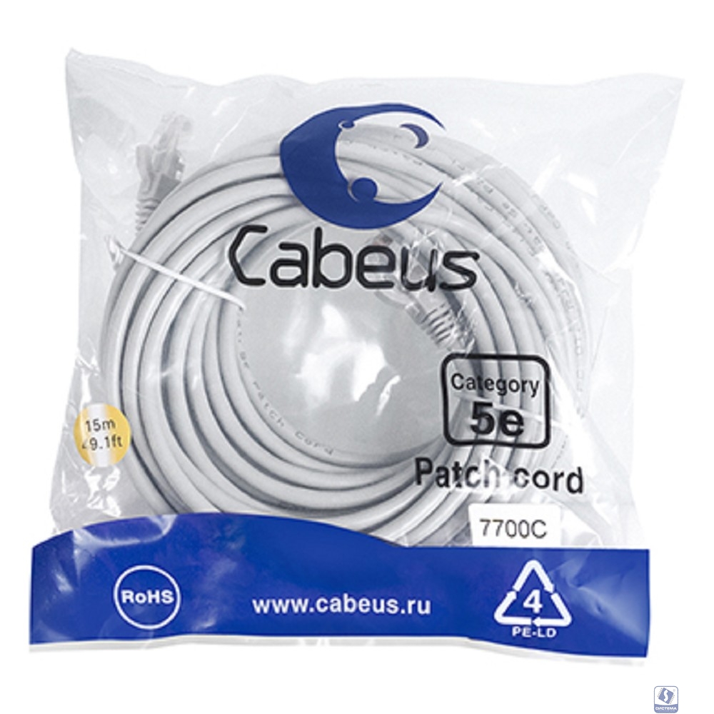 Cabeus PC-UTP-RJ45-Cat.5e-15m Патч-корд U/UTP, категория 5е, 2xRJ45/8p8c, неэкранированный, серый, PVC, 15м