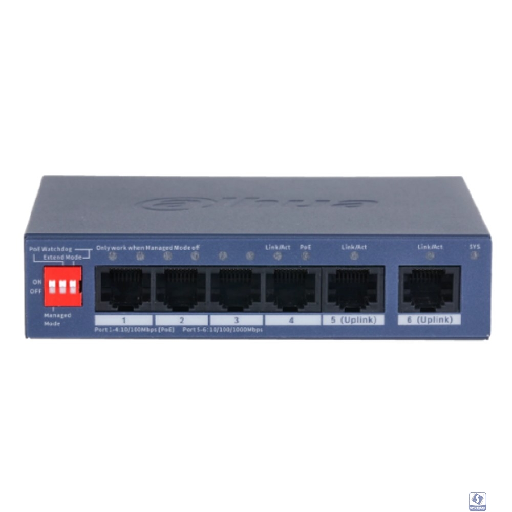 DAHUA DH-CS4006-4ET2GT-36 4-портовый PoE коммутатор управляемый  4 RJ45 10/100Мбит/с (PoE/PoE+), 2 RJ45 10/100/1000Мбит/с (uplink); до 40 В