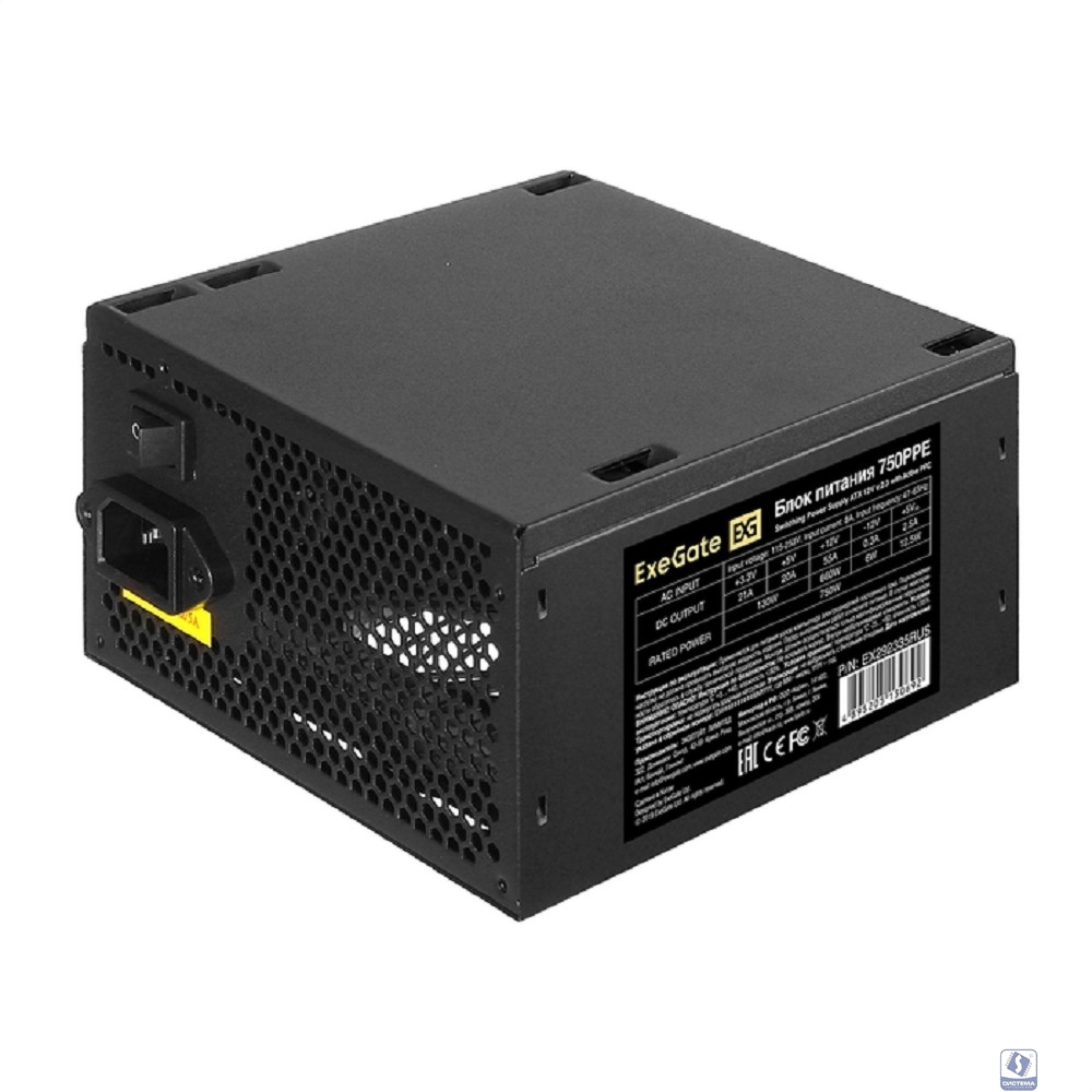 Блок питания 750W ExeGate 750PPE (ATX, APFC, PC, КПД 80% (80 PLUS), 12cm fan, 24pin, 2x(4+4)pin, 4xPCI-E, 6xSATA, 3xIDE, black, кабель 220V в комплекте 1,8м)