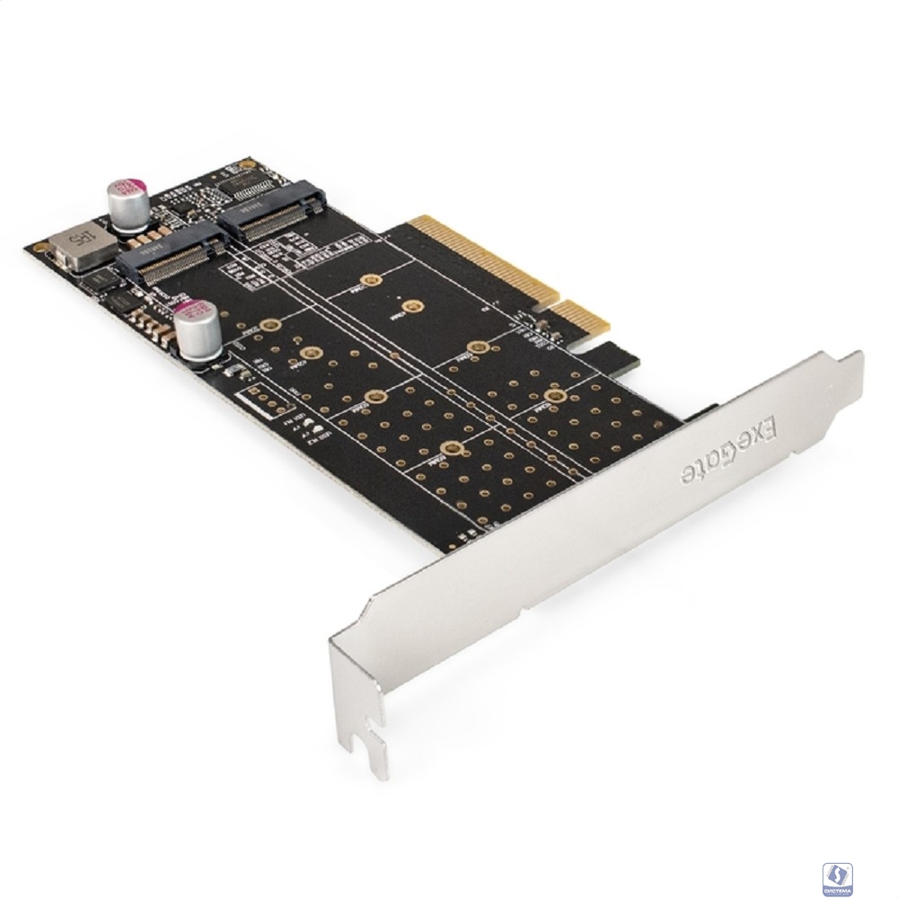 Exegate EX298298RUS Переходник ExeGate EXE-597E2 (2 x M.2 M key -> PCI-E x8 v3.0, для установки двух SSD M.2 2230/2242/2260/2280/22110 M key NGFF в слот PCI-E, материнская плата должна быть c функцией